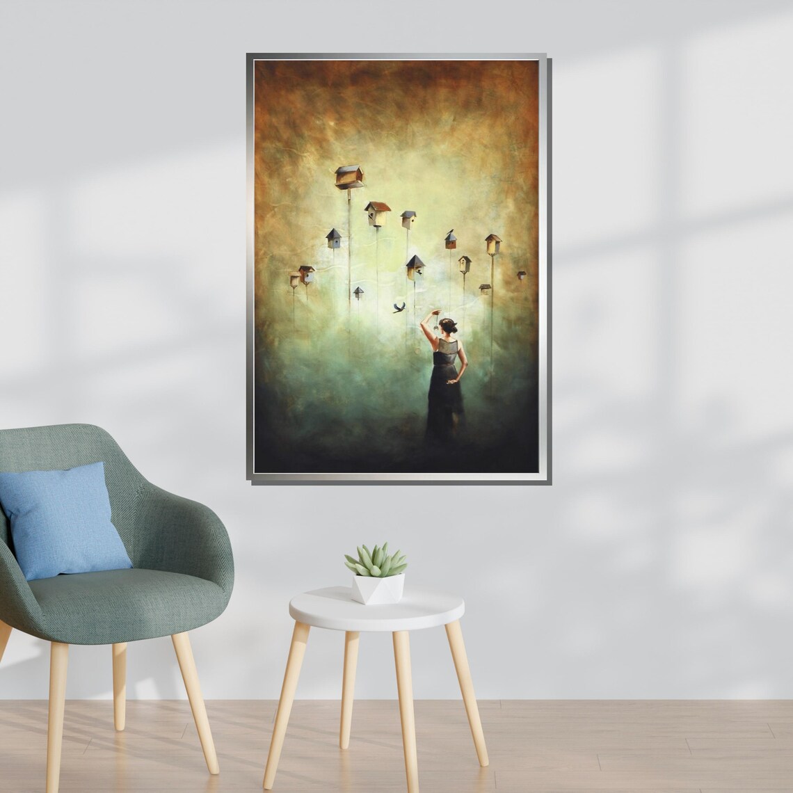 Woman Releasing Bird Among Tall Birdhouses Dreamy Misty Fantasy Wall Art - Image 3