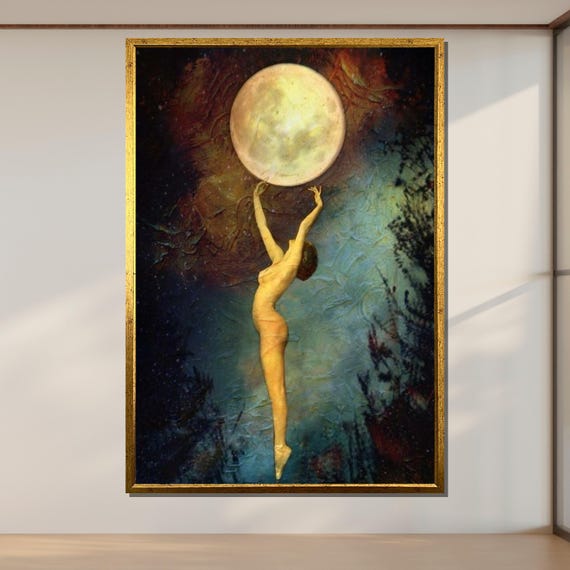 Dancing With The Moon Ethereal Nude Wall Art Surreal Fantasy Decor Dreamlike Night Design Ready To Hang