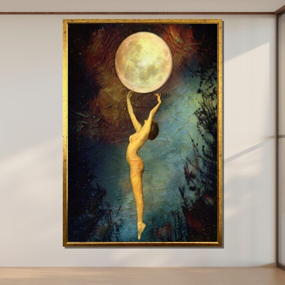 Ethereal Nude Dancer Reaching For Full Moon Night Sky Fantasy Art Poster