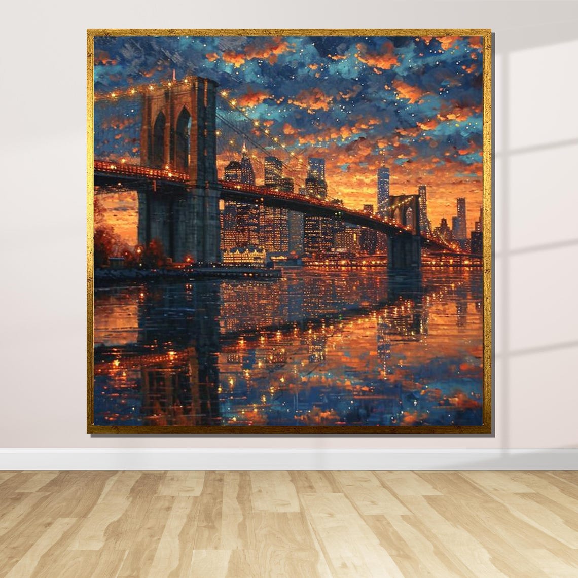 Brooklyn Bridge New York Sunset Skyline Lights Water Reflection Poster - Image 2