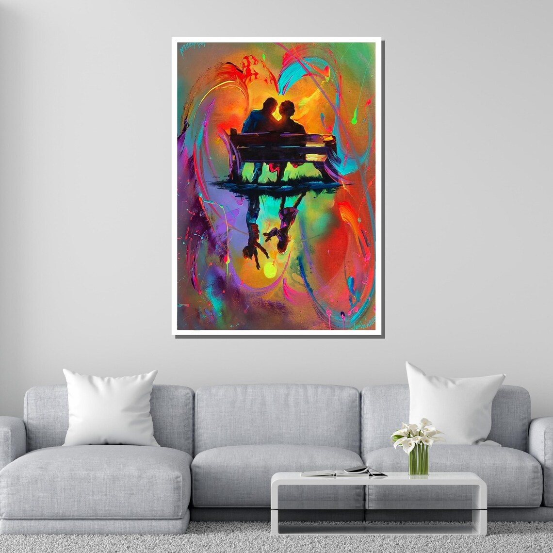 Romantic Couple On Bench At Sunset Colorful Abstract Love Wall Poster - Image 2