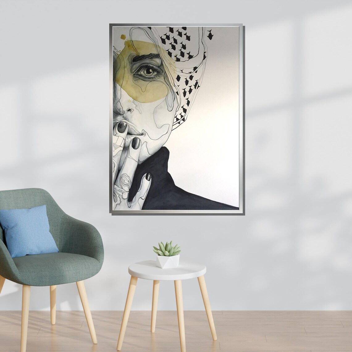 Abstract Woman Portrait Black And White Line Art Gold Modern Wall Poster - Image 3