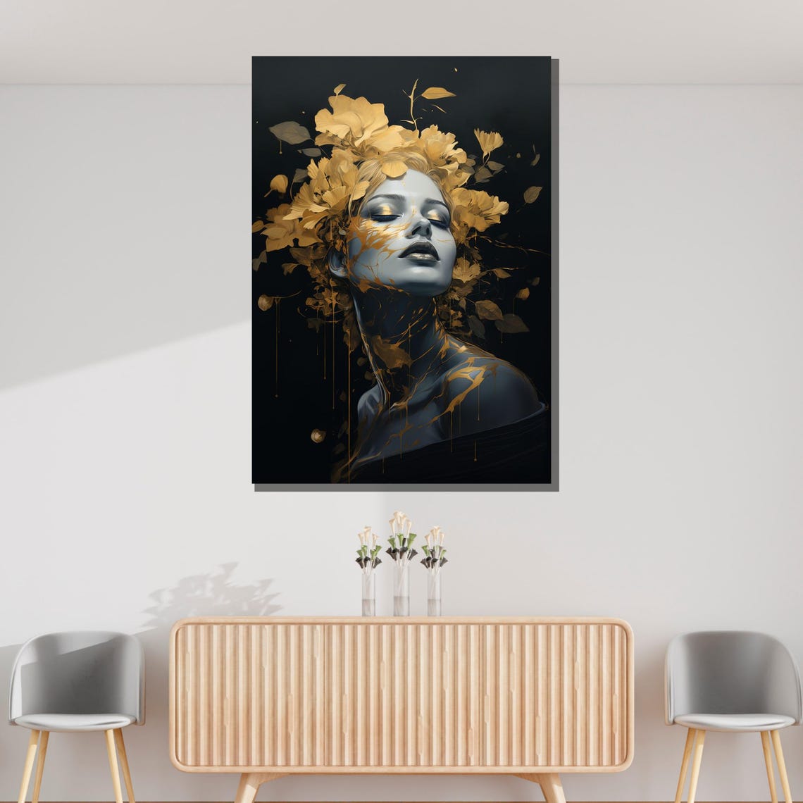 Golden Floral Goddess Black And Gold Elegant Portrait Art Poster - Image 3