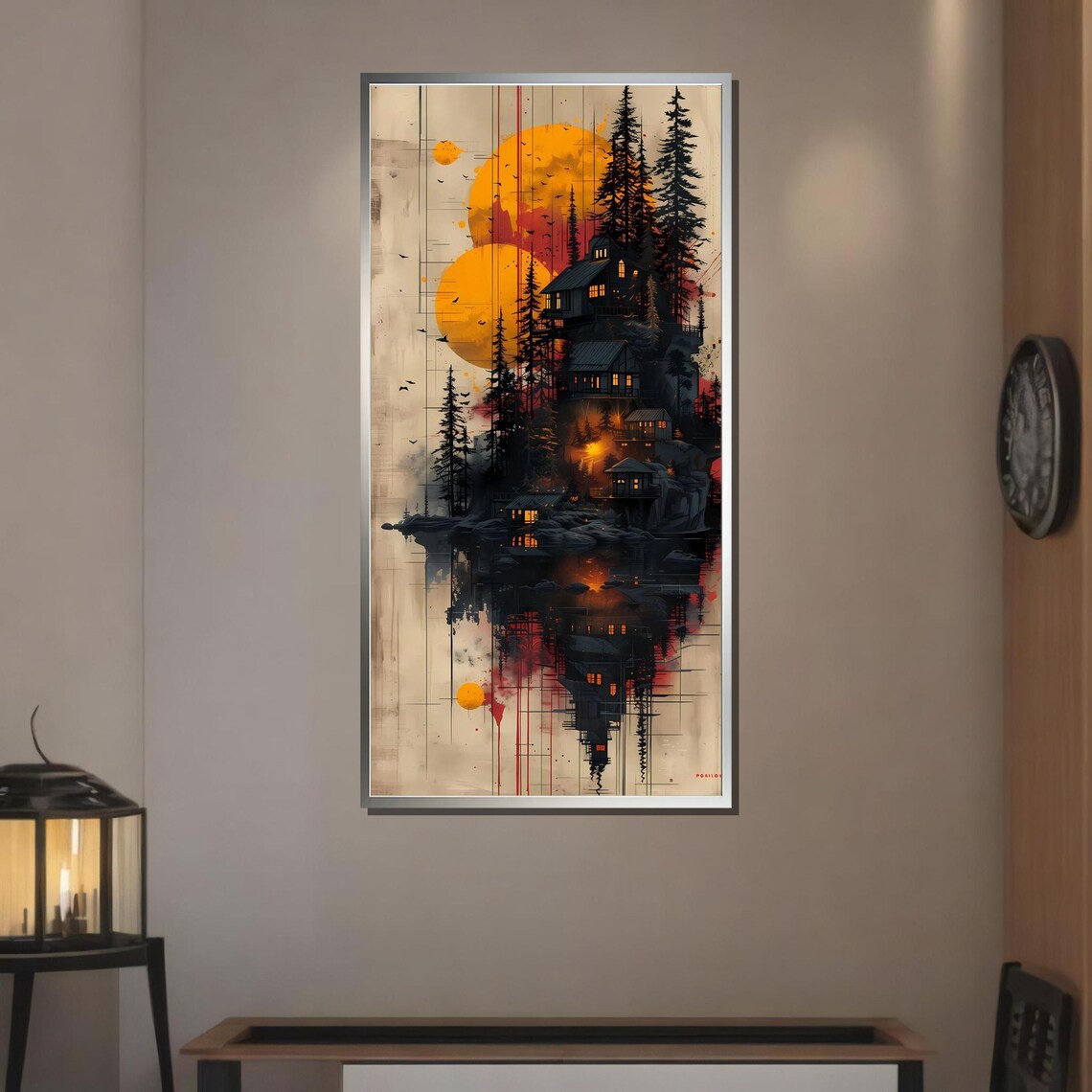 Surreal Sunset Cabin Art Forest Reflections Dreamlike Landscape Wall Decor Warm Tones Abstract Art Ready To Hang - Image 3