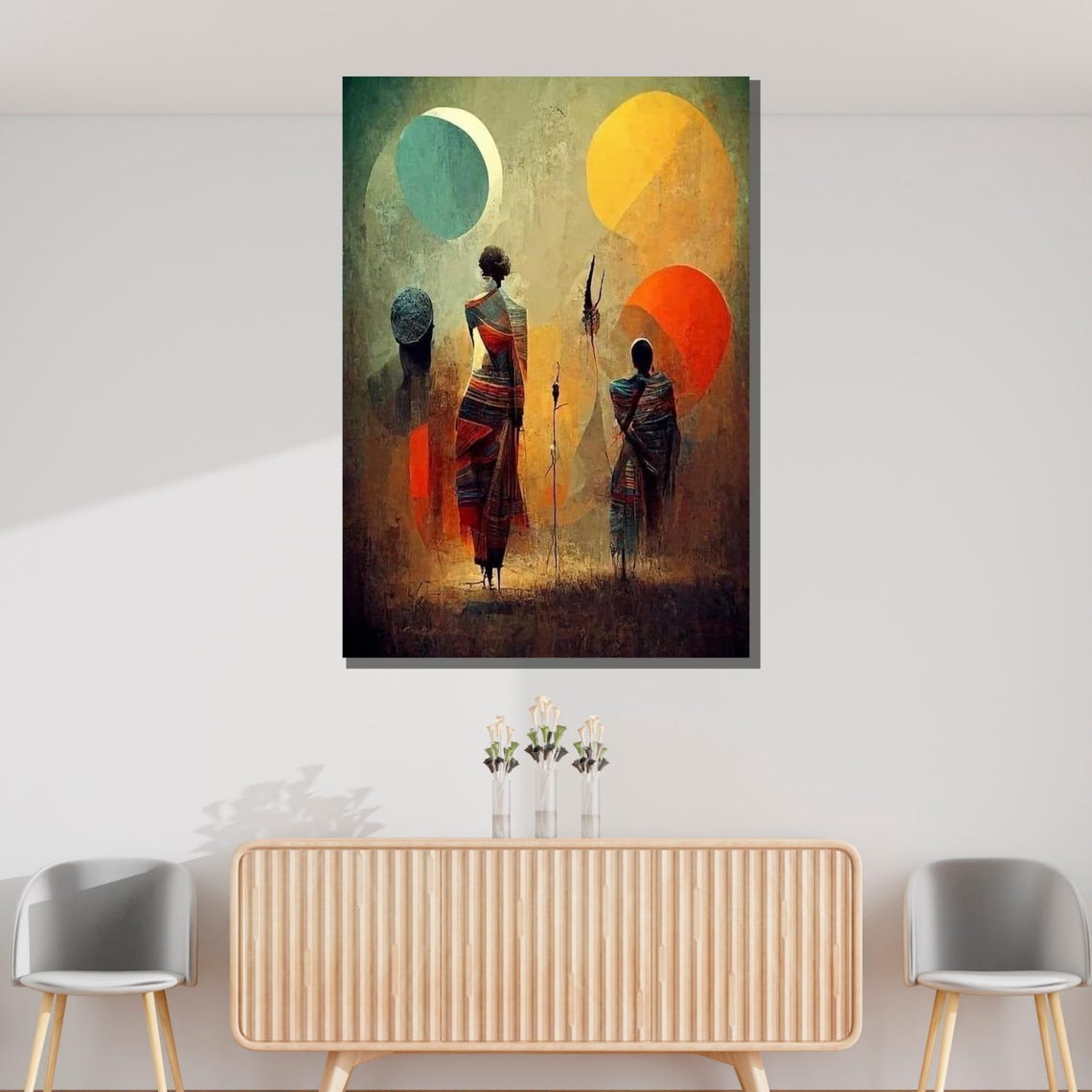 Abstract Tribal Figures Ethnic Art With Geometric Shapes Modern Wall Decor Ready To Hang - Image 3