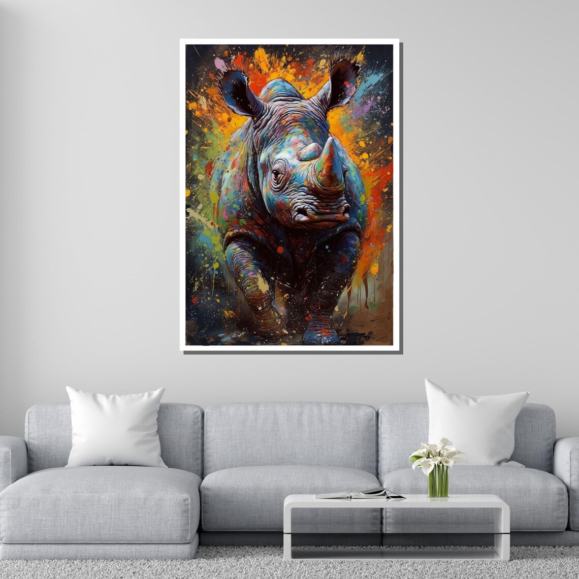 Colorful Rhino Charging Paint Splatter Abstract Wildlife Art Wall Poster - Image 2