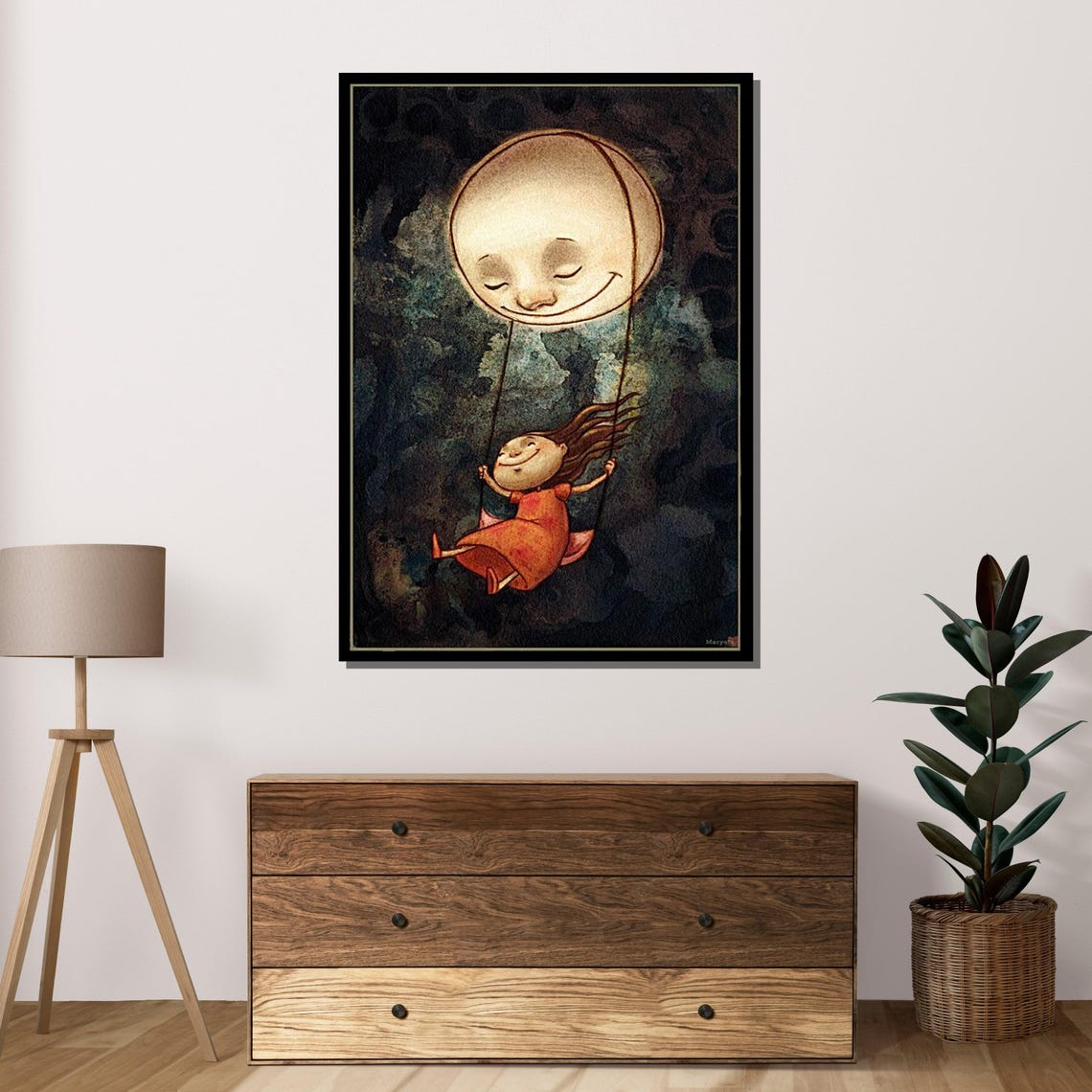 Whimsical Moon Swing Smiling Moon Face Girl Night Sky Nursery Poster - Image 4
