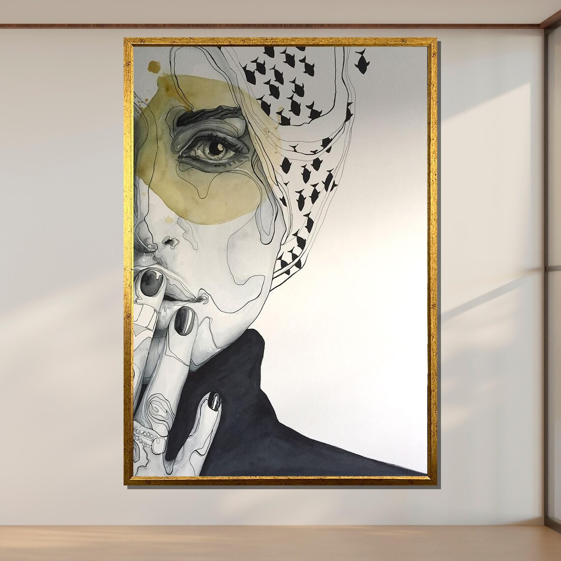 Abstract Woman Portrait Black And White Line Art Gold Modern Wall Poster