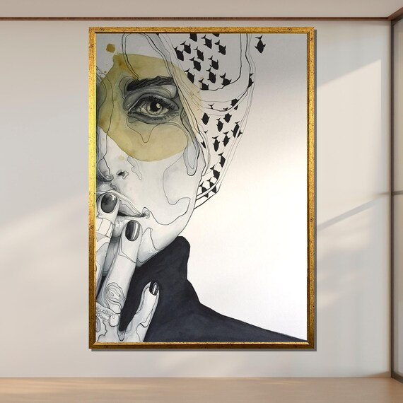 Abstract Woman Portrait Black And White Line Art Gold Modern Wall Poster