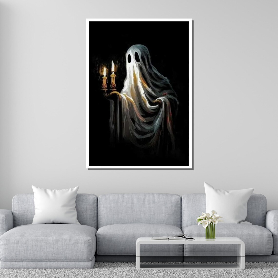 Sheet Ghost Holding Candelabra Dark Spooky Halloween Night Wall Art Poster - Image 2