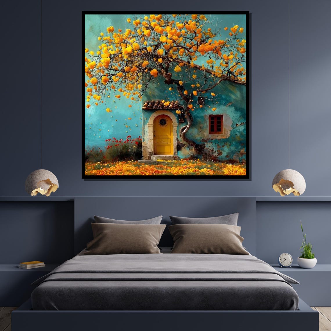 Dreamy Turquoise Cottage Yellow Blossom Tree Rustic House Art Poster - Image 4