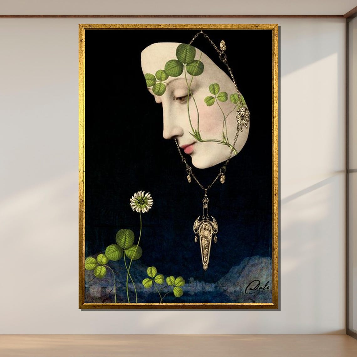 Enigmatic Clover Face Surreal Botanical Profile Pendant Art Print