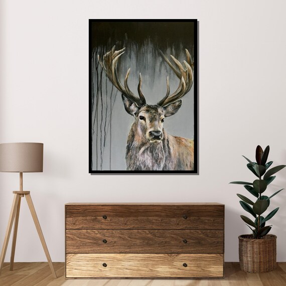 Majestic Deer Stag Large Antlers Grey Background Wildlife Art Portrait Poster