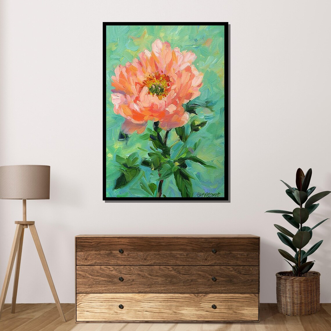 Pink Peony Bloom Impasto Floral Painting Coral Flower Botanical Poster