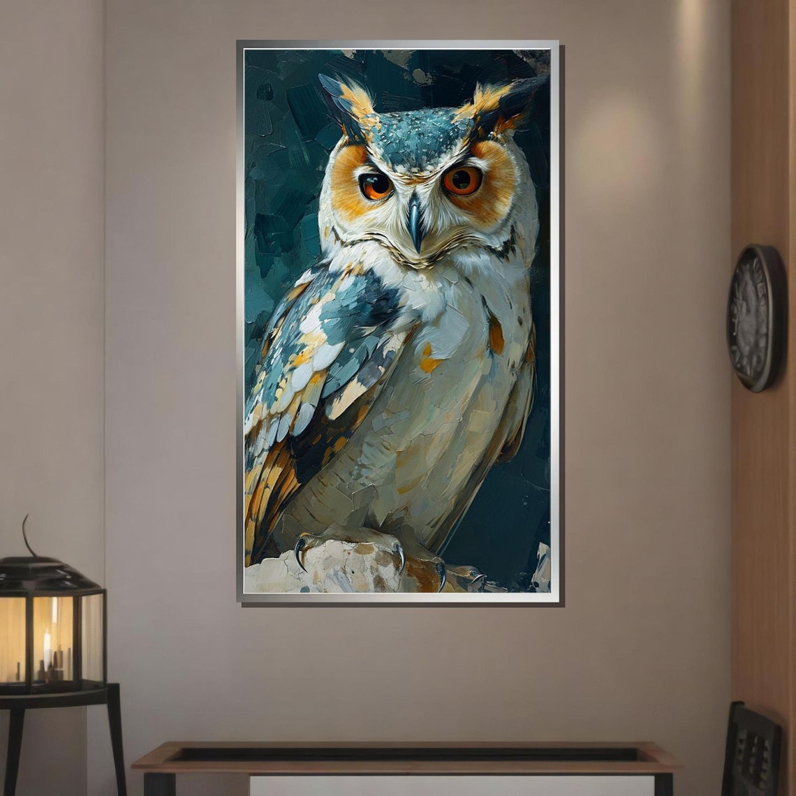 Majestic Owl Portrait Abstract Bird Painting Blue Orange Wall Poster - Image 3