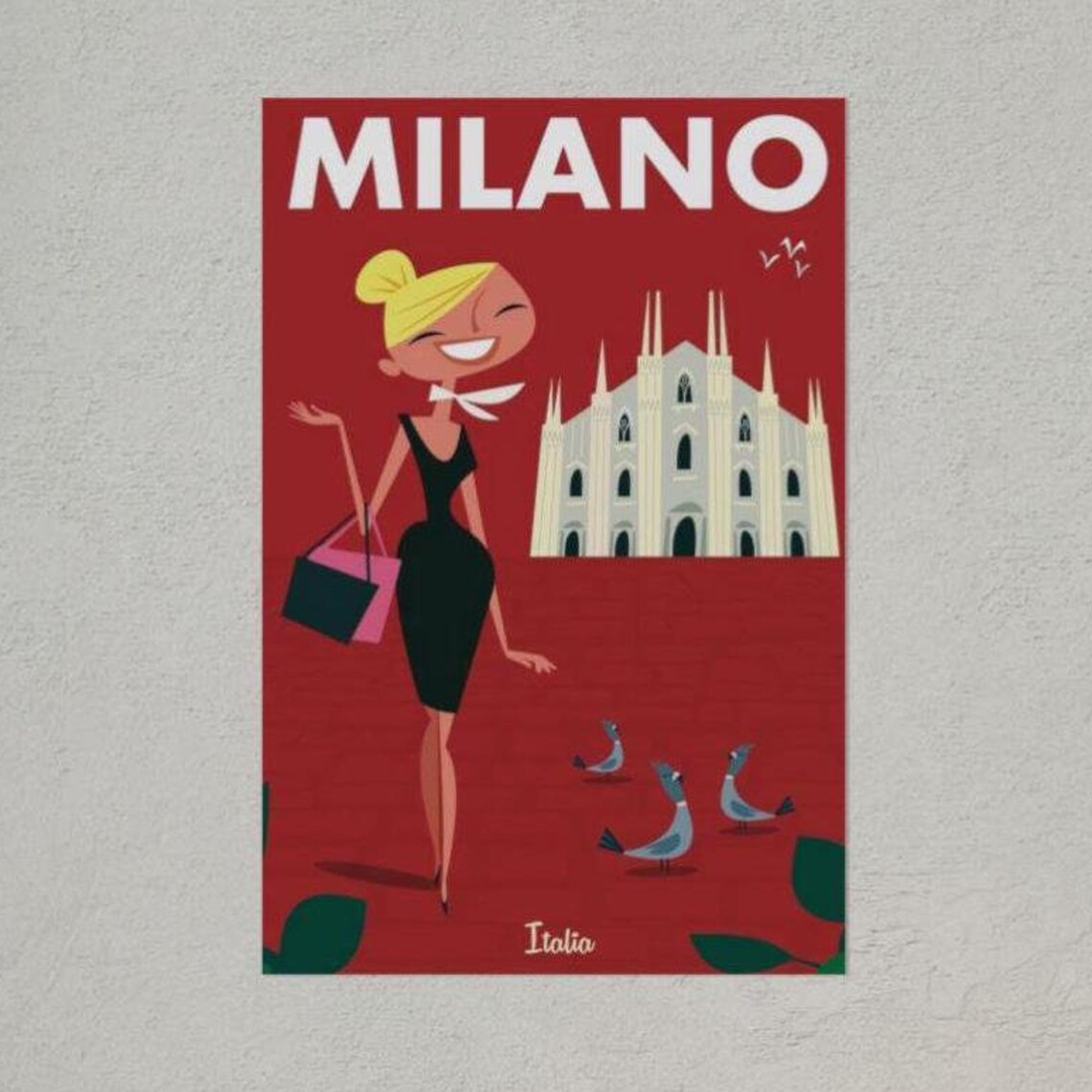 Milano Vintage Red City Travel Poster with Duomo and Chic Woman