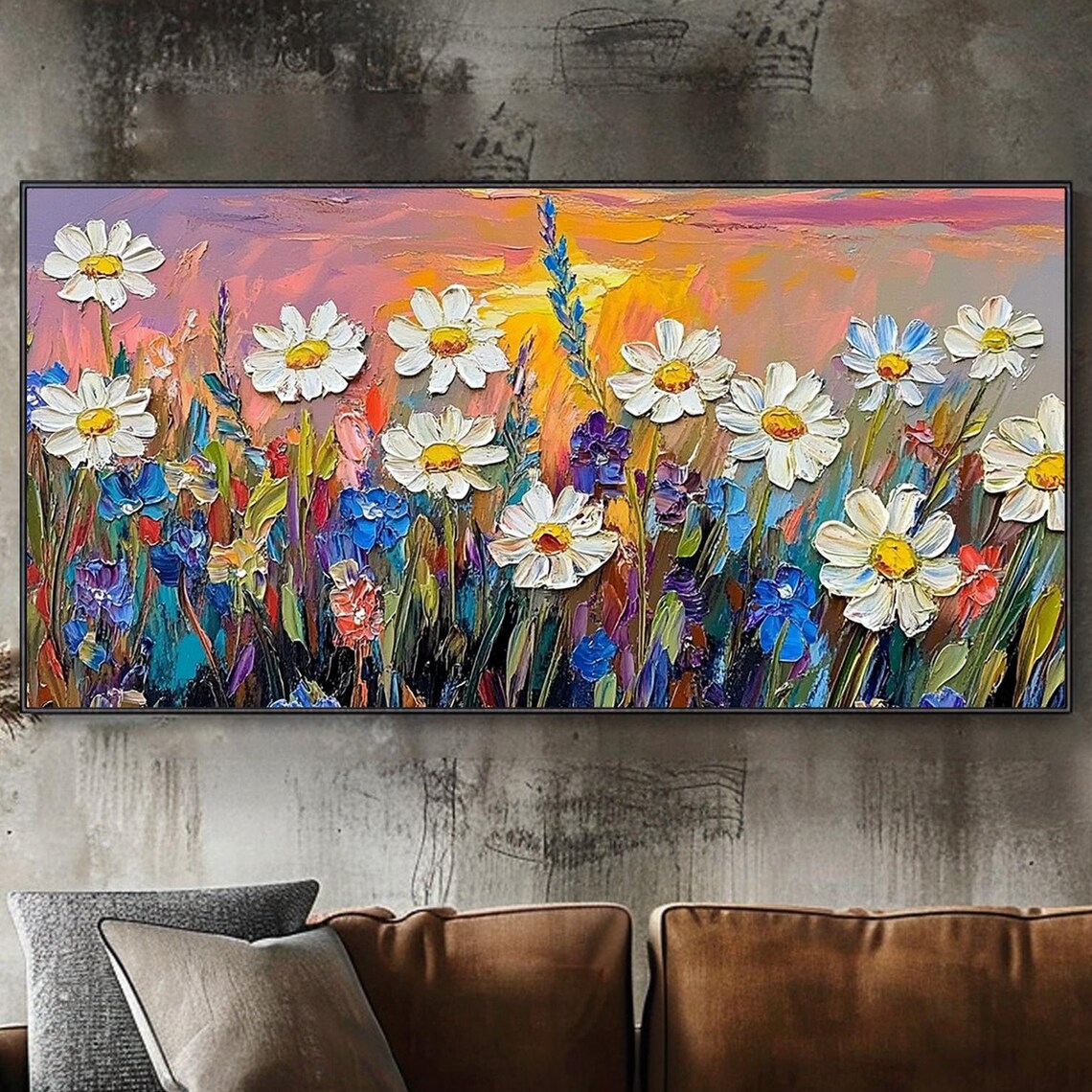 White Daisy Wildflowers Sunset Sky Colorful Meadow Bloom Wall Art