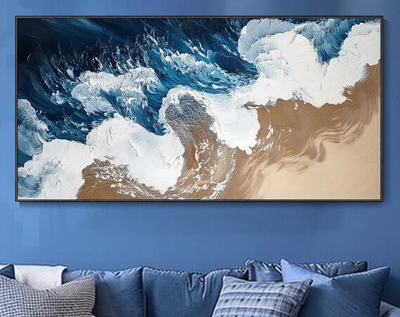 Aerial Ocean Waves Crashing Golden Sand Textured Impasto Seascape Poster