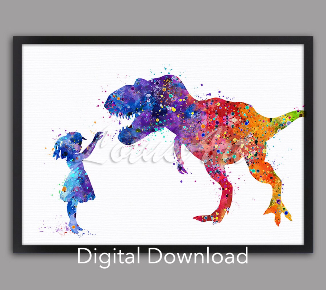Girl and Dinosaur T Rex Watercolor Art Print
