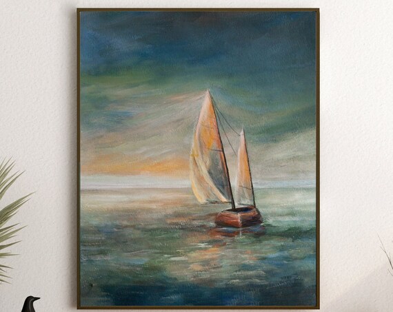 Sailboat At Sunset Ocean Painting Print Calm Sea Golden Sky Coastal Decor