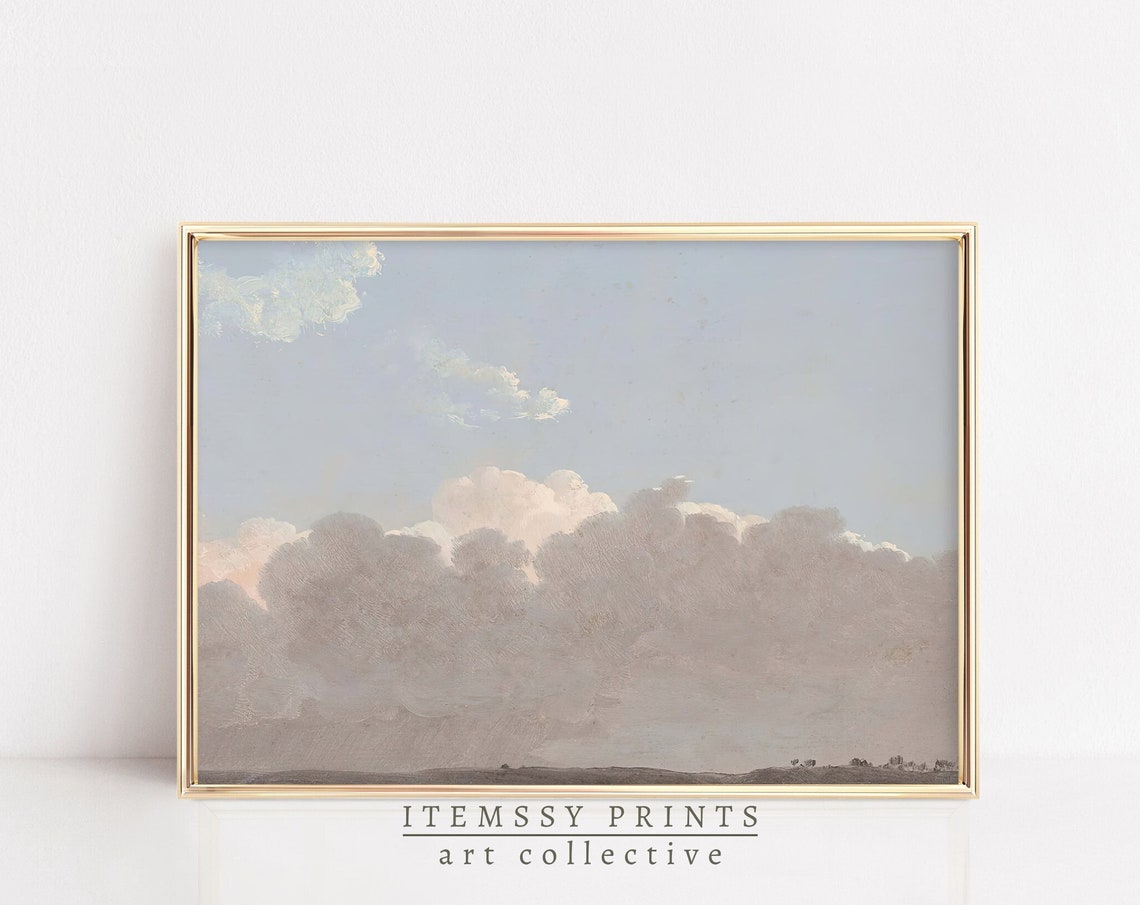 Vintage Clouds Painting Soft Gray Pink Clouds Over Distant Land Poster