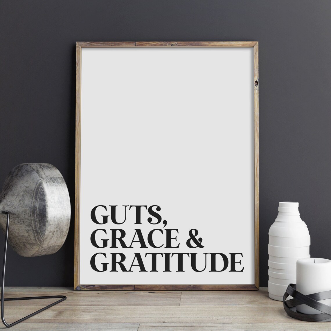 Guts Grace and Gratitude Motivational Quote Typography Black White Poster - Image 3