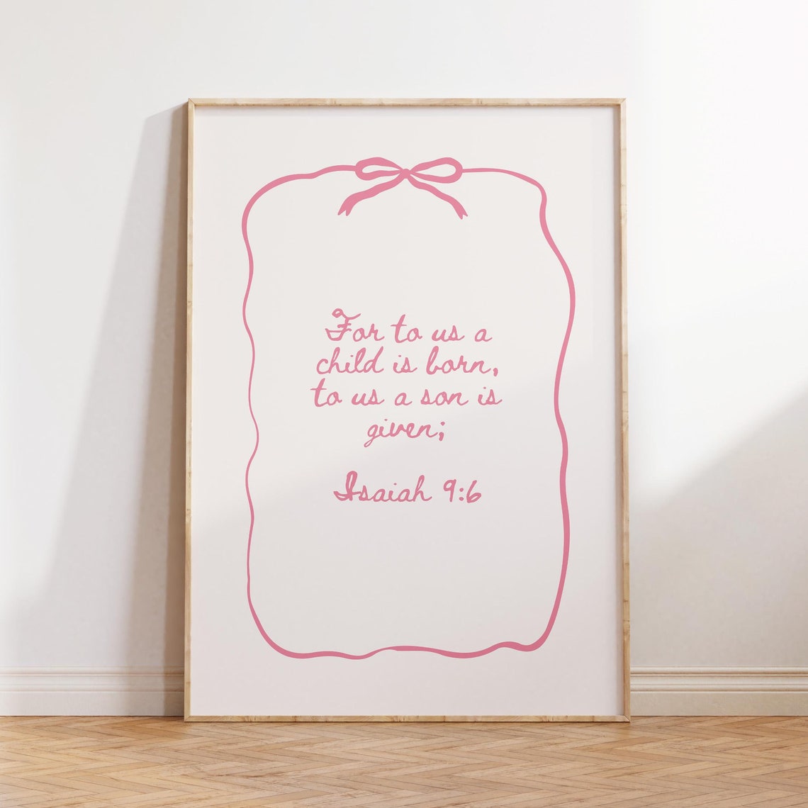 Isaiah 9:6 Pink Script Bow Border Christmas Scripture Poster
