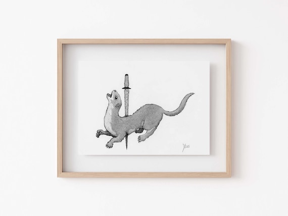 Gothic Weasel Pierced by Dagger Dark Ink Illustration Poster