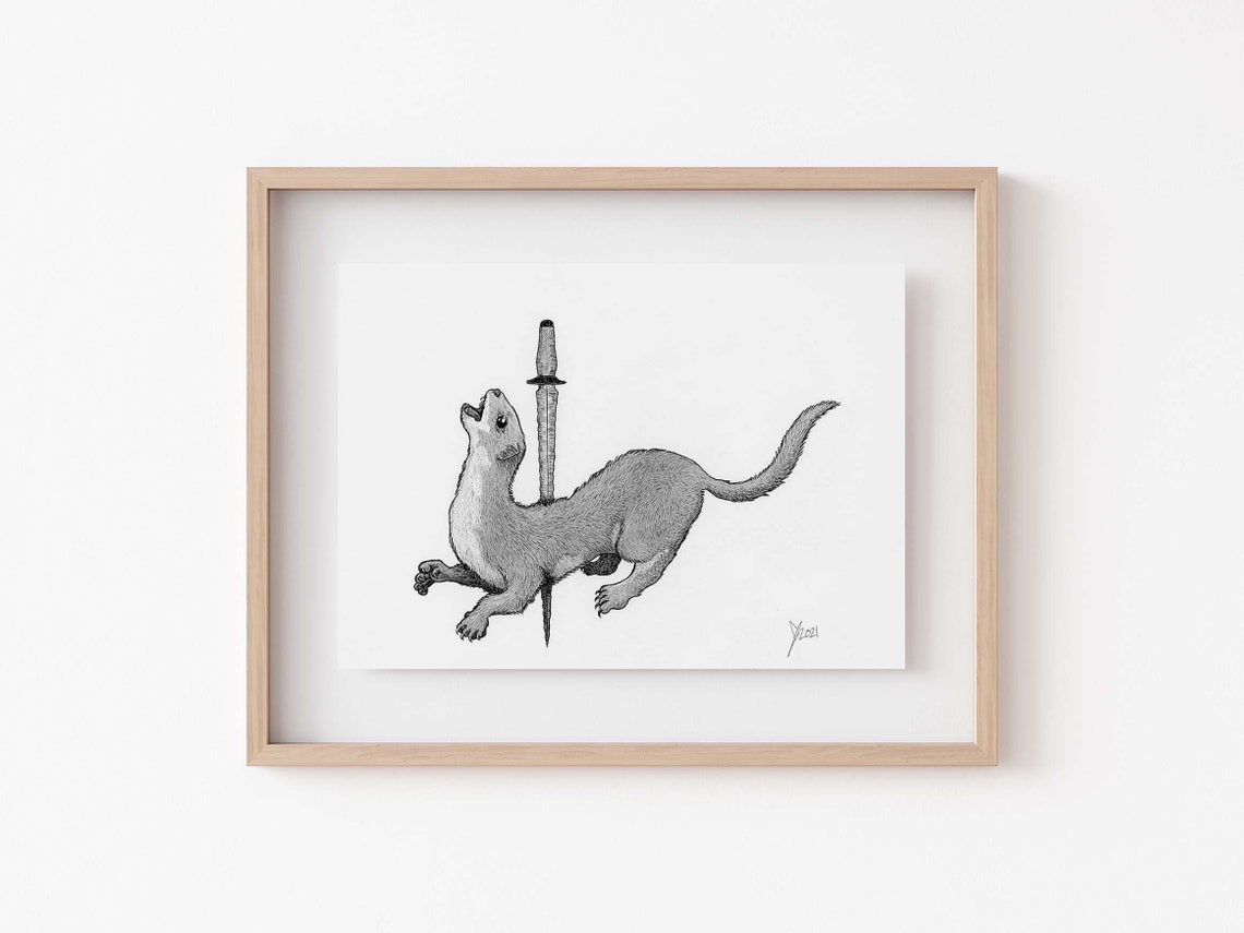 Gothic Weasel Art Print Dark Dagger Illustration Creepy Home Decor