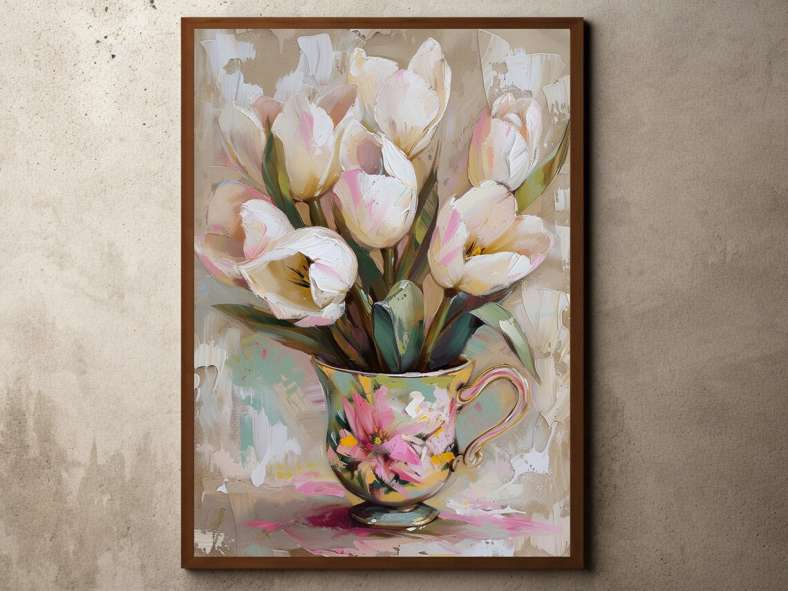 White Tulips In A Floral Teacup Oil Painting Spring Still Life Poster