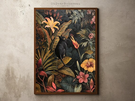 Henri Rousseau Style Tropical Jungle Wall Art with Exotic Wildlife