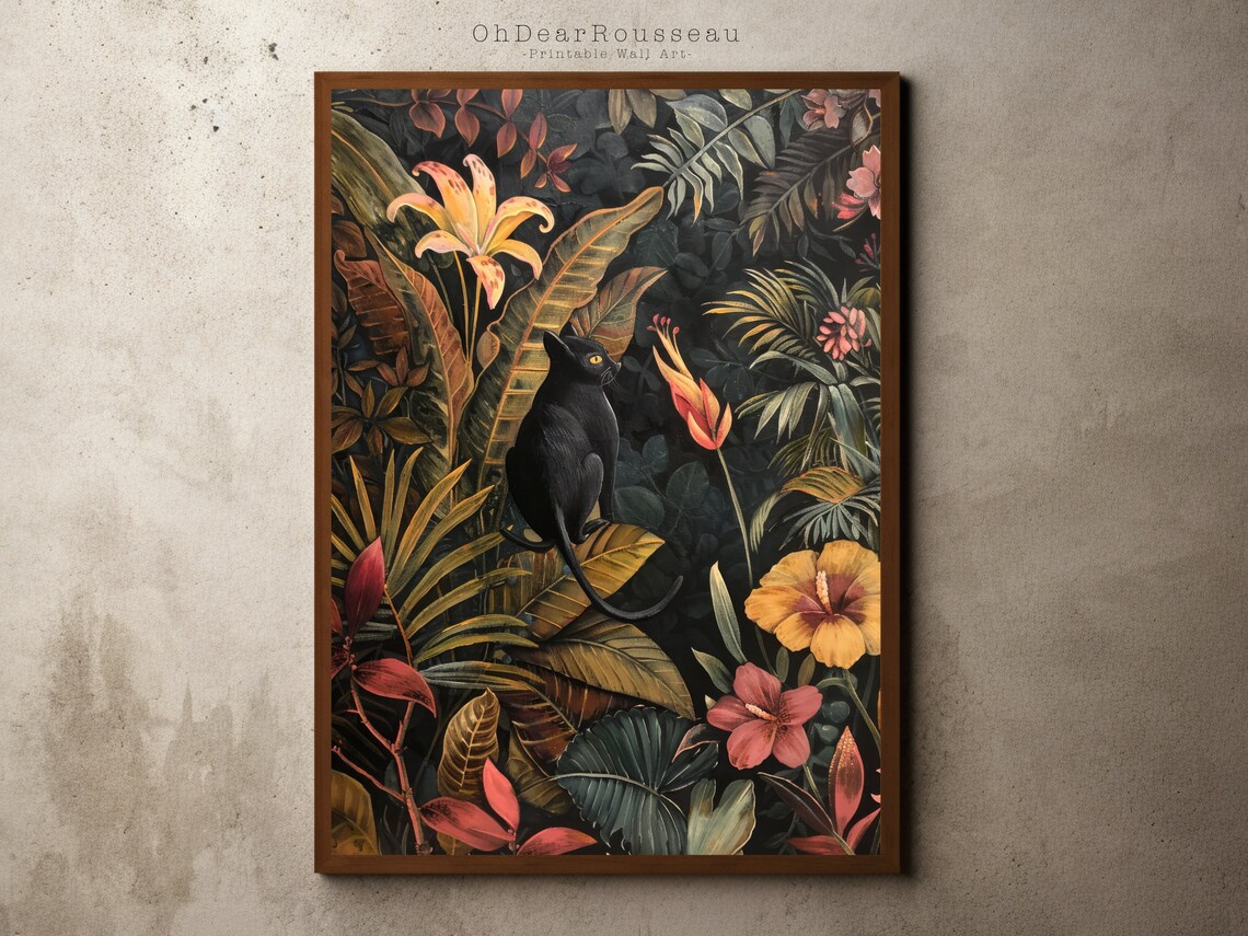 Henri Rousseau Style Tropical Jungle Wall Art with Exotic Wildlife