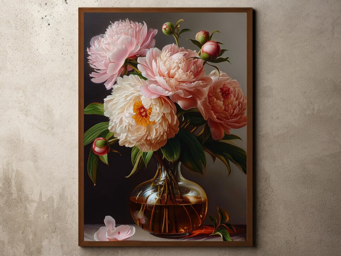 Blush Pink Peonies In Glass Vase Vintage Floral Still Life Poster
