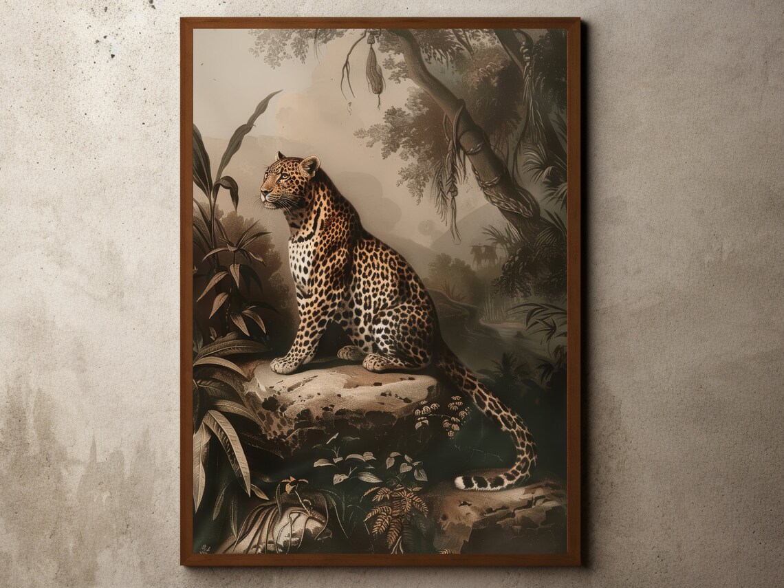 Majestic Leopard in Sepia Jungle Vintage Engraving Art Poster