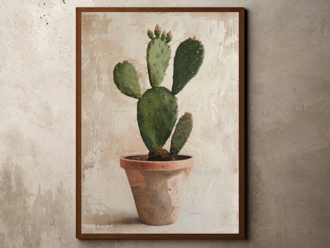 Potted Prickly Pear Cactus Vintage Botanical Oil Painting Poster