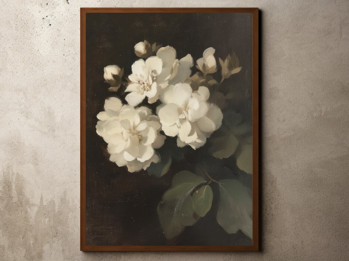 Vintage White Hydrangea Still Life Dark Moody Floral Oil Poster