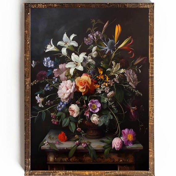 Dark Floral Wall Art Moody Floral Vintage Art Print Dark Summer Wall Decor For Bathroom Wall Art Cottagecore Floral Art