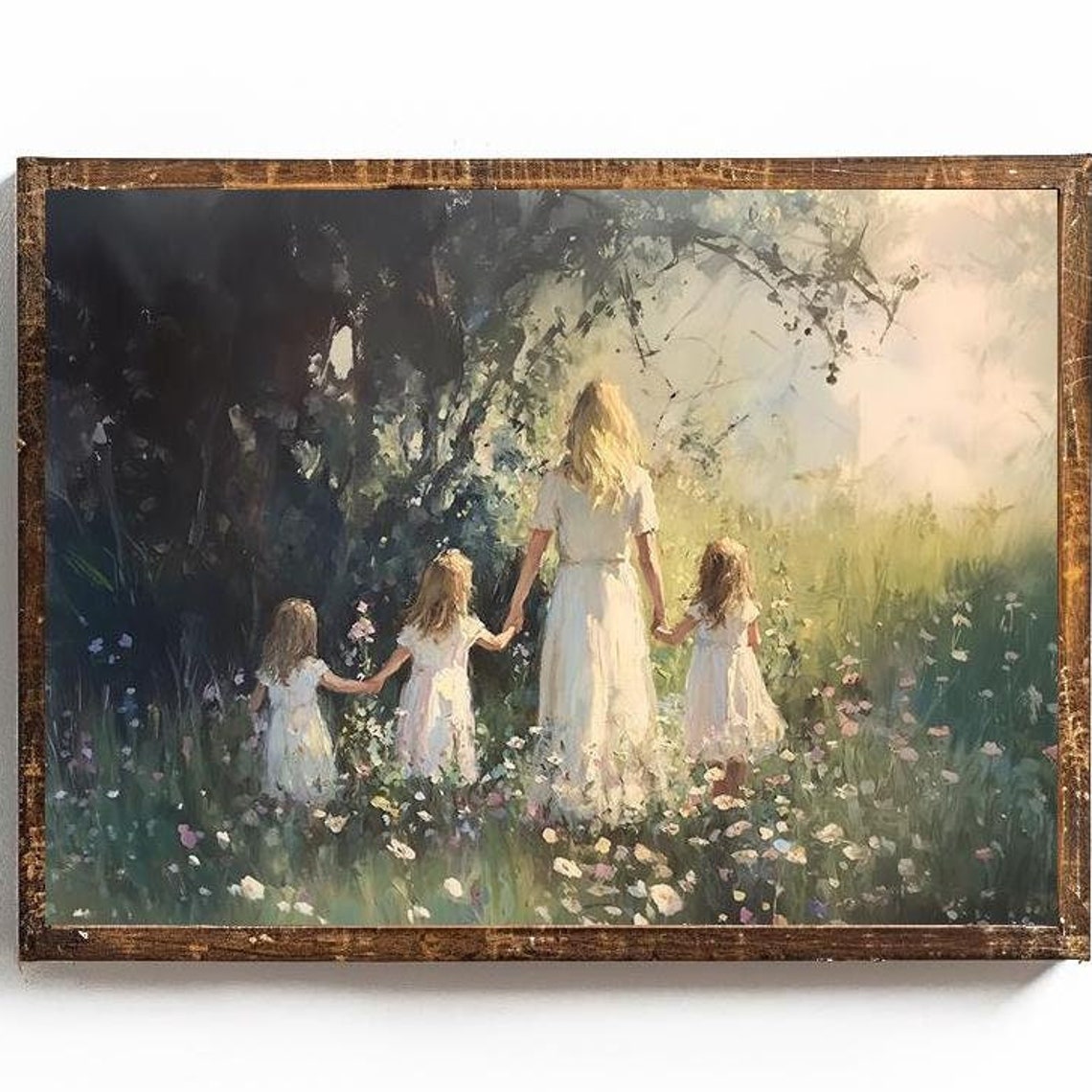 Mother Holding Hands With Three Daughters In Wildflower Meadow Poster