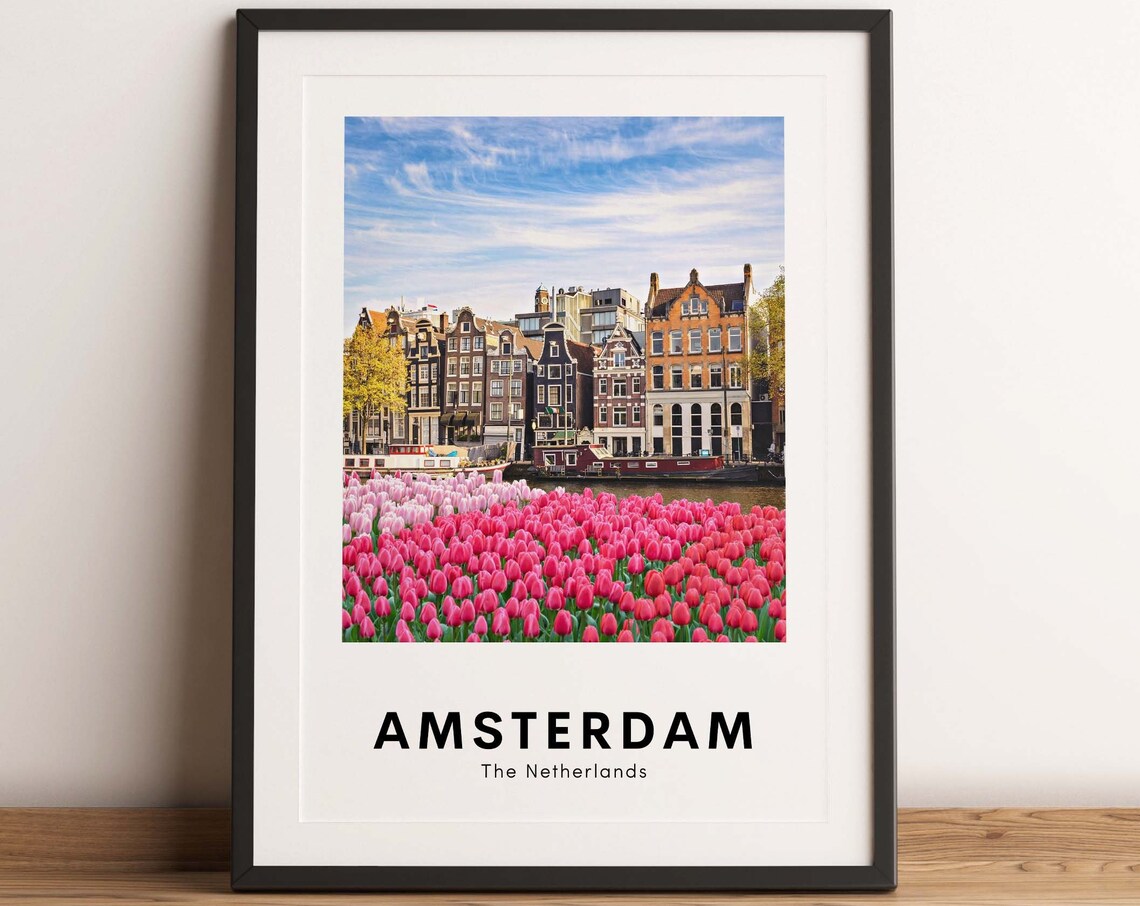 Amsterdam Netherlands Travel Poster with Tulips and Canal Houses