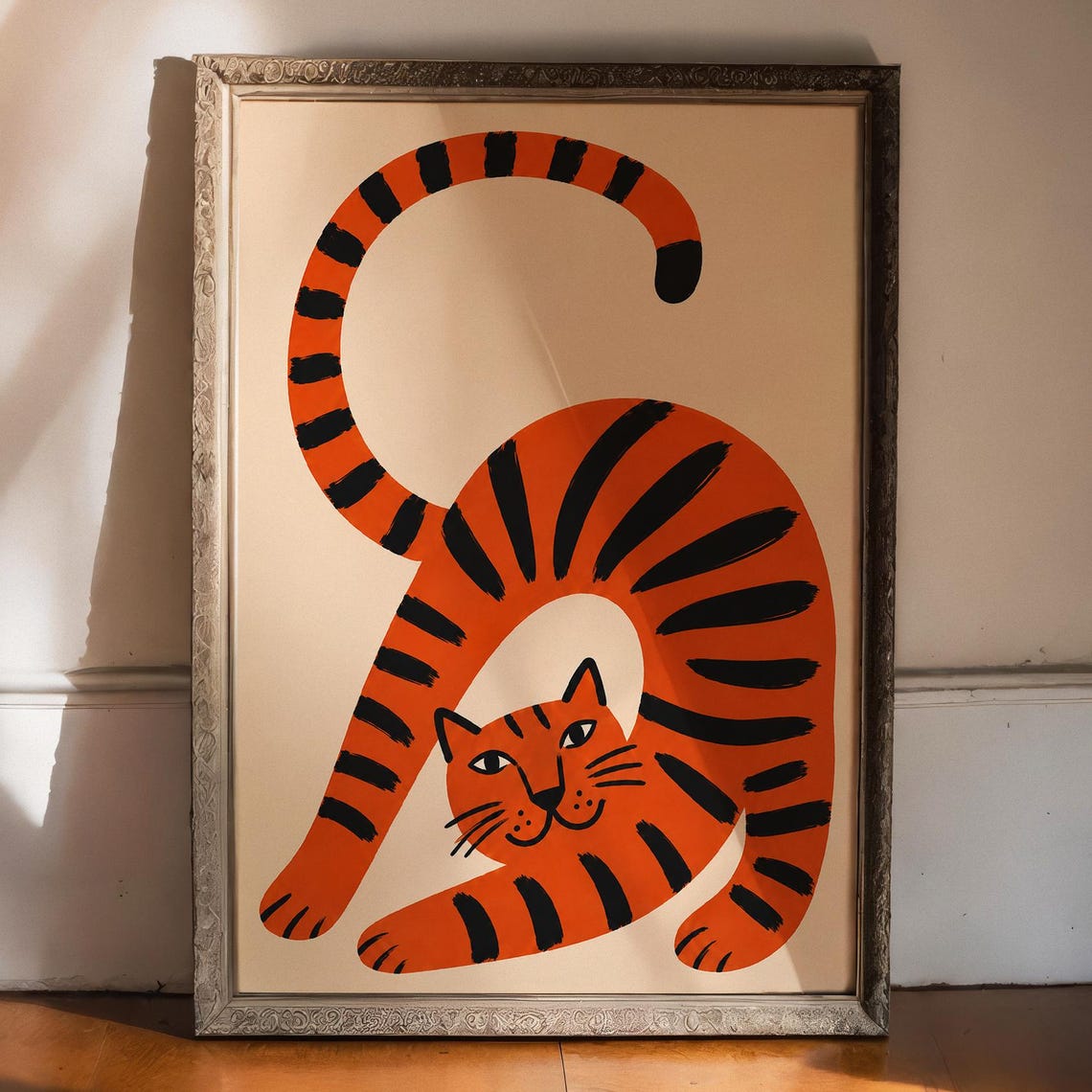 Orange Tiger Cat Print Playful Stretching Animal Art Digital Download