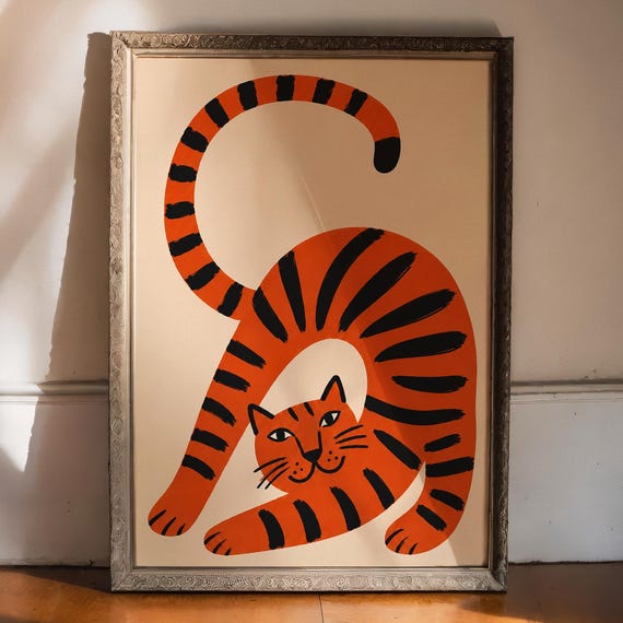 Orange Tiger Cat Print Playful Stretching Animal Art Digital Download