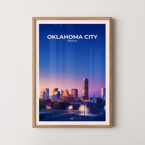Oklahoma City Dusk Downtown Skyline Devon Tower Travel Poster