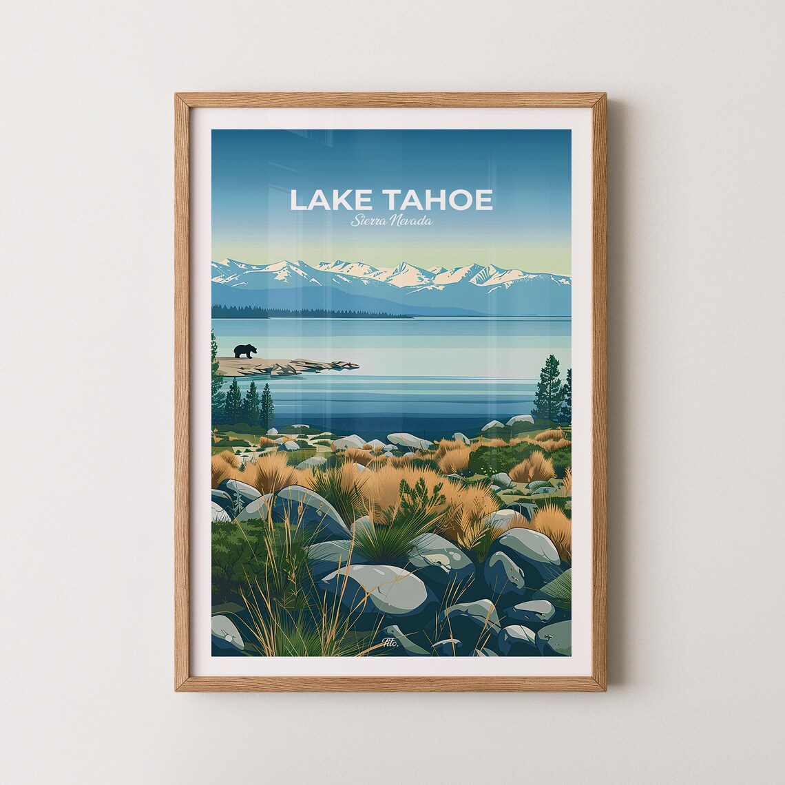 Lake Tahoe Sierra Nevada Black Bear Lakeside Vintage Travel Poster