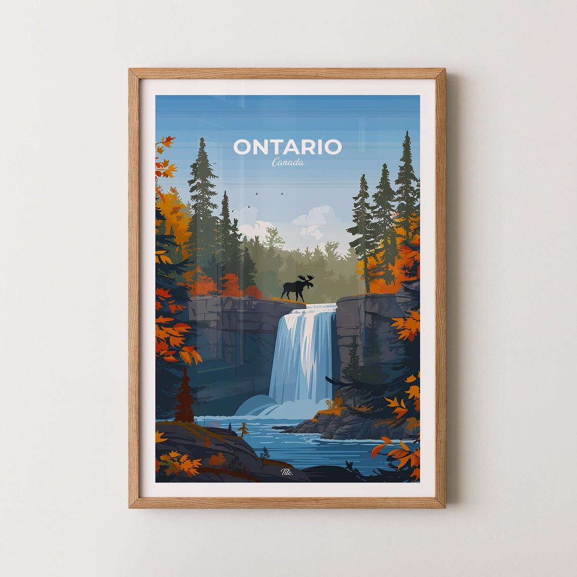 Ontario Canada Autumn Waterfall Moose Forest Scenic Travel Poster