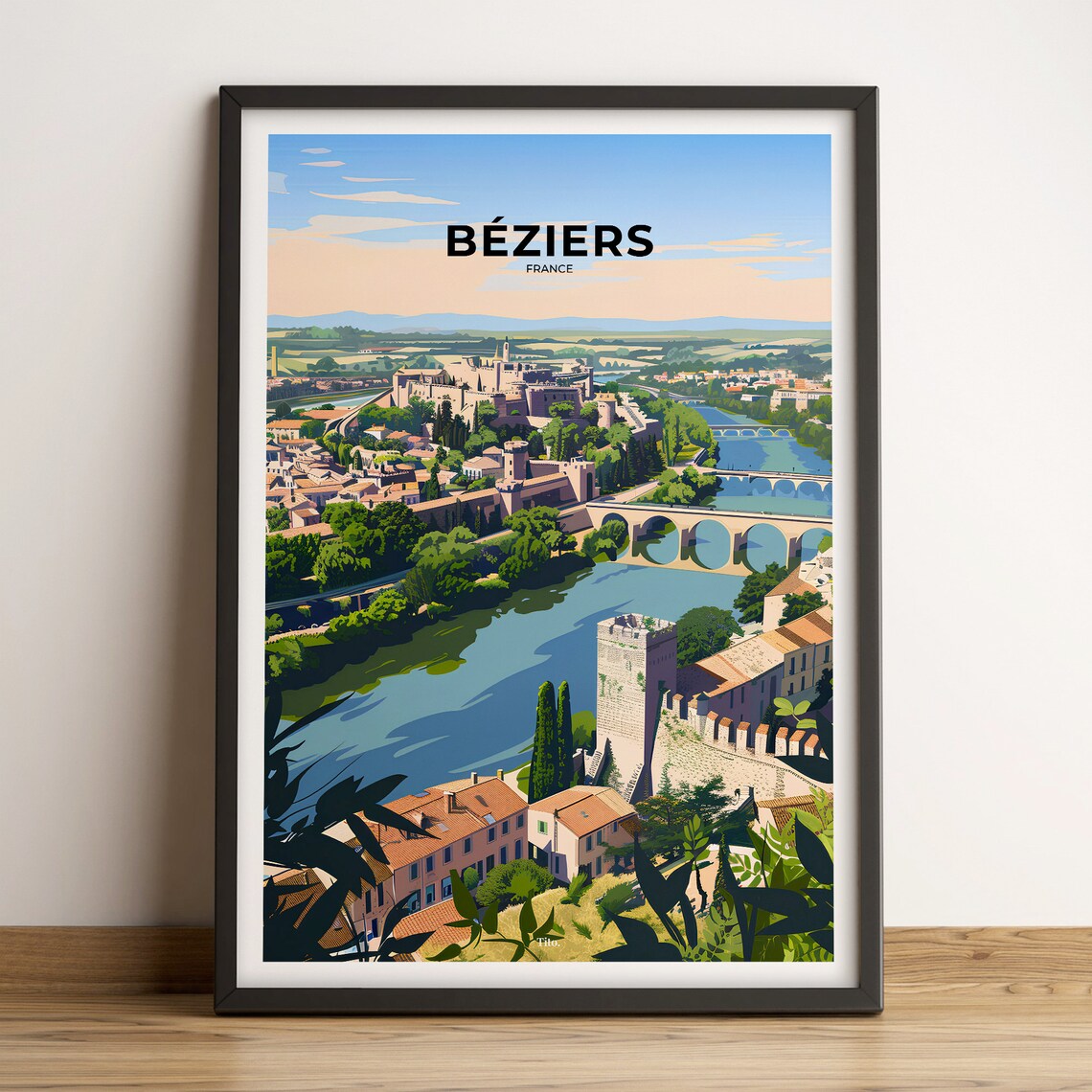 Beziers France Historic Old Town River Bridge Vintage Travel Poster