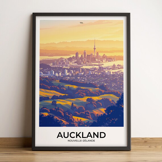Auckland New Zealand Skyline Sunset Golden Hour Travel Poster