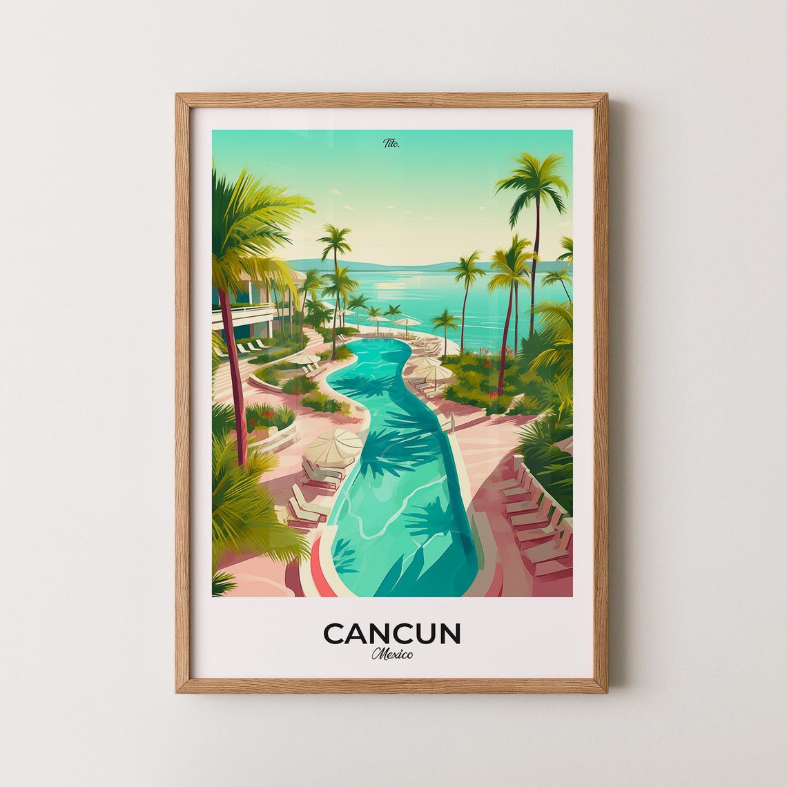 Cancun Mexico Tropical Resort Infinity Pool Illustrated Poster