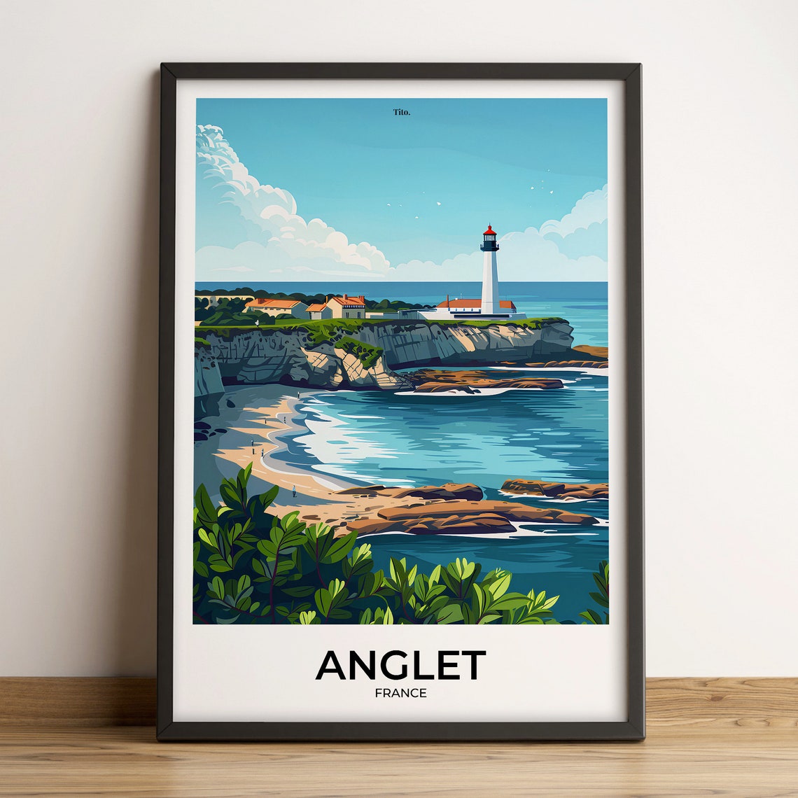 Anglet France Lighthouse Rocky Cliffs Ocean Beach Travel Poster