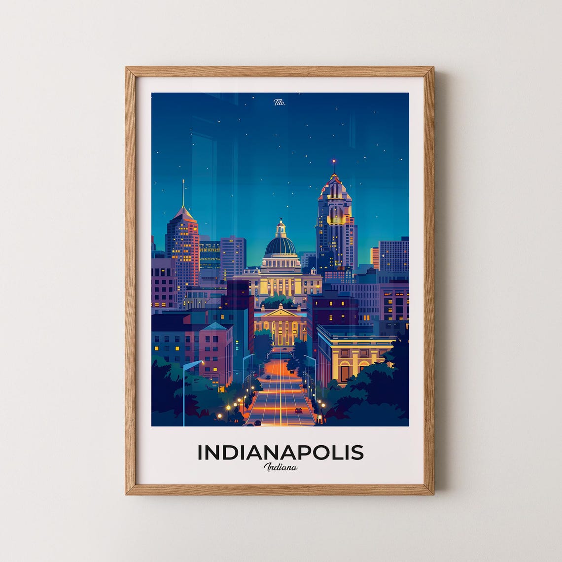 Indianapolis Indiana Night Poster Capitol Dome Downtown Lights View
