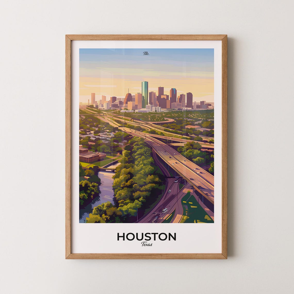 Houston Texas Skyline Highway Panorama Golden Sunset Travel Poster